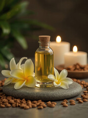 Aromatherapy oil bottle with wood cap on smooth stone, surrounded by fresh ylang-ylang and sandalwood, soft candle glow and moody spa atmosphere for relaxation concept
