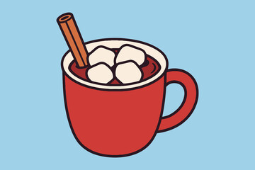 Warm cozy hot chocolate with marshmallows and cinnamon stick
