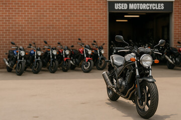 A used motorcycle in a pre-owned motorcycle dealership showroom with copy space.