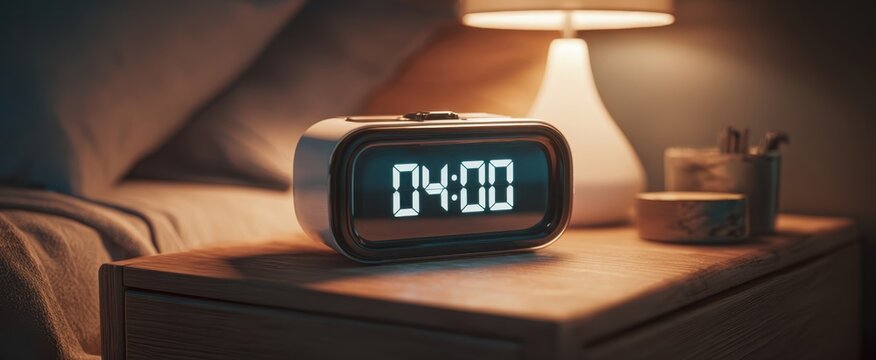 The digital alarm clock displaying 04:00 in a cozy bedroom setting.