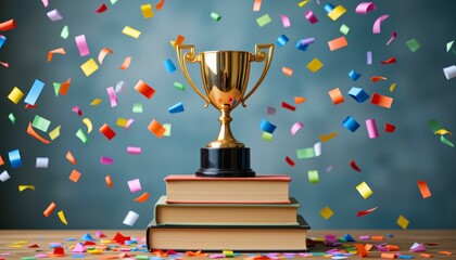 Golden Trophy Award on Stack of Books with Colorful Confetti Celebration