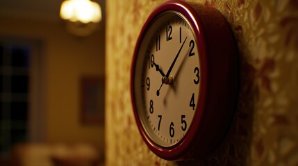 Vintage red clock on wall, dimly lit room, antique wallpaper, time passing