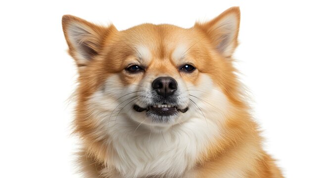 Cute Grumpy Pomeranian Dog Portrait White Background