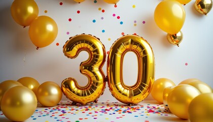 Festive Gold Number 30 Balloons with Confetti for Milestone Birthday Celebration
