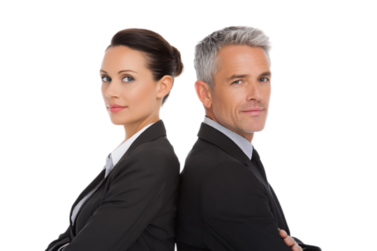 Businesswoman and businessman back to back isolated on transparent background - Powered by Adobe