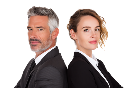 Business man and woman back to back isolated on transparent background