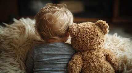 Baby boy cuddling teddy bear, home, soft fur rug, tv background