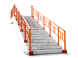 White concrete staircase with orange railing isolated on transparent background