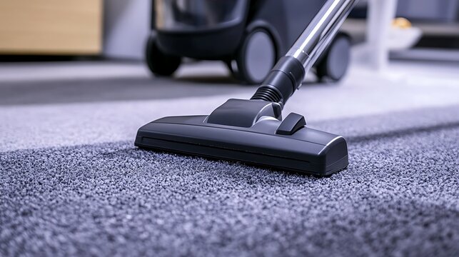 Professional wet and dry vacuum cleaner is standing on a gray carpet