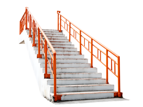 White concrete staircase with orange railing isolated on transparent background