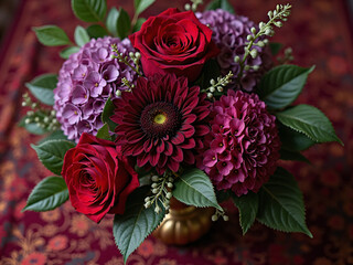 &ldquo;Top view of a richly colored Victorian bouquet with deep red garden roses, purple hydrangeas, burgundy dahlias, and dark green leaves, on a vintage velvet tablecloth