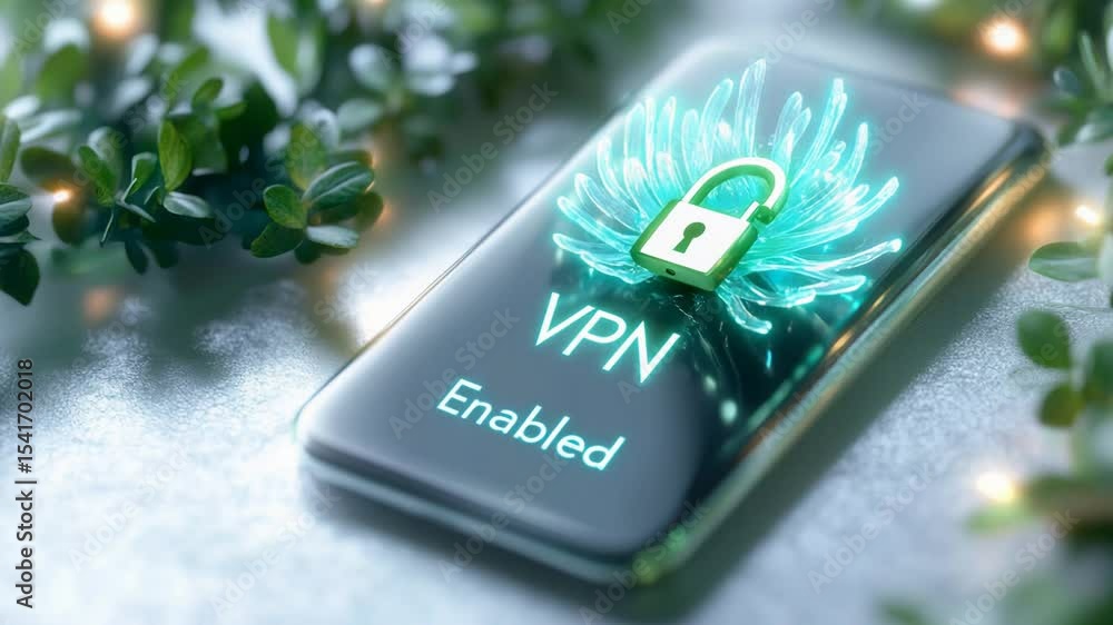 Poster futuristic mobile vpn interface with secure lock and digital glow