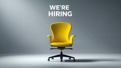 A striking 4K image showcasing a vibrant yellow ergonomic chair beneath bold We're Hiring text, set against a minimalist grey background to evoke modernity, focus, and opportunity