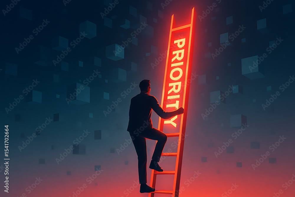Poster a man climbing a ladder with the word priority written on it in red neon light in a digital space