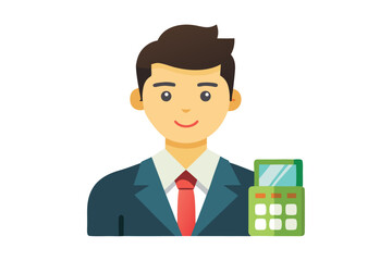 Cartoon Businessman in Suit with Red Tie and Calculator, Illustrating Finance, Accounting, and Business Calculations