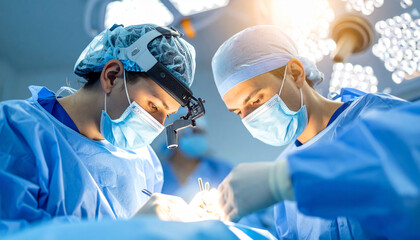 Two surgeons perform surgery under bright lights in an operating room, fully focused on the patient