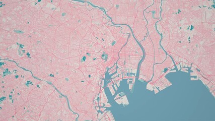 Zoom in on the map of Tokyo City, the Capital of Japan, with text. Cinematic digital abstract 3d world map animation highlights aerial views, tourism, and travel. 4k - Powered by Adobe