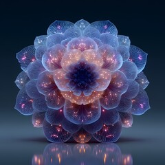 Psychedelic Neon Art: Fractal Geometric Forms in Glowing Blue and Pink on Sleek Background