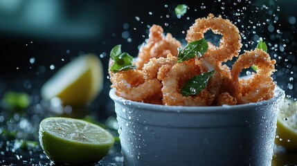 Crispy calamari served in a white bowl, garnished with lime wedges and fresh herbs.
