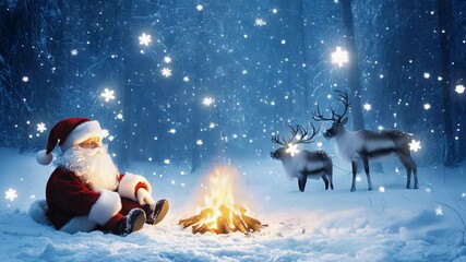 Santa relaxing by campfire in snowy forest with reindeer under falling snowflakes - Powered by Adobe