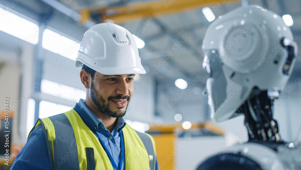 Poster a man wearing a helmet talking to a robot in a modern factory, exploring the future of automation an