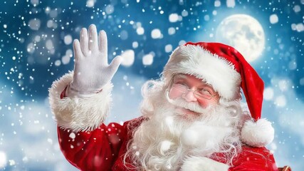 Santa claus waving in snowy winter wonderland with full moon background - Powered by Adobe