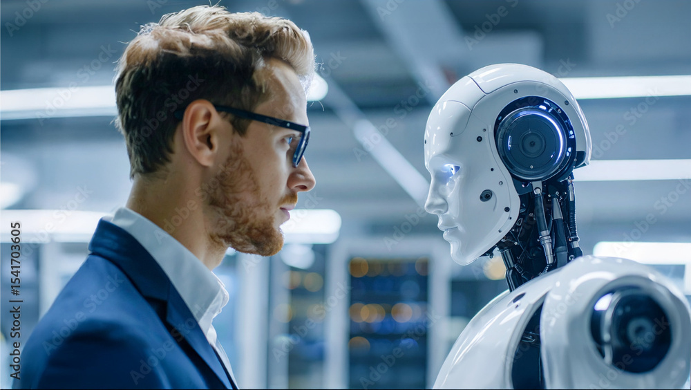 Poster a person and a robot staring face-to-face, hinting at advanced technology and innovation. the compos