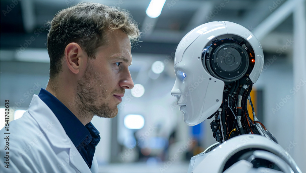 Poster an engineer gazing intently at a humanoid robot, with a lab background. this striking image encapsul