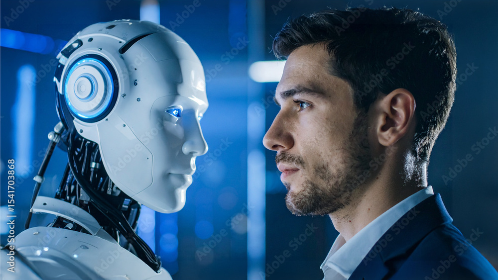 Poster a man and a robot face to face - a striking image capturing the interface of technology and humanity