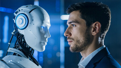 A Man and a Robot Face to Face - A Striking Image Capturing the Interface of Technology and Humanity