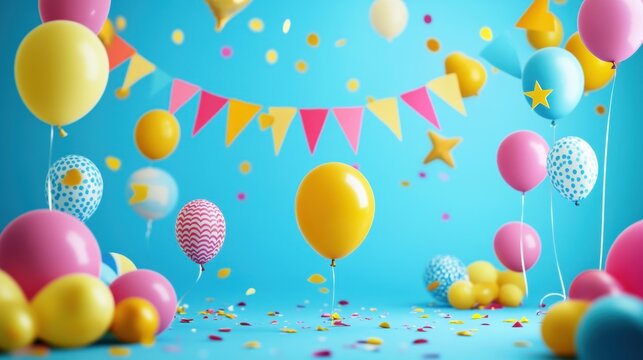 Colorful Balloons and Confetti Against a Bright Blue Background