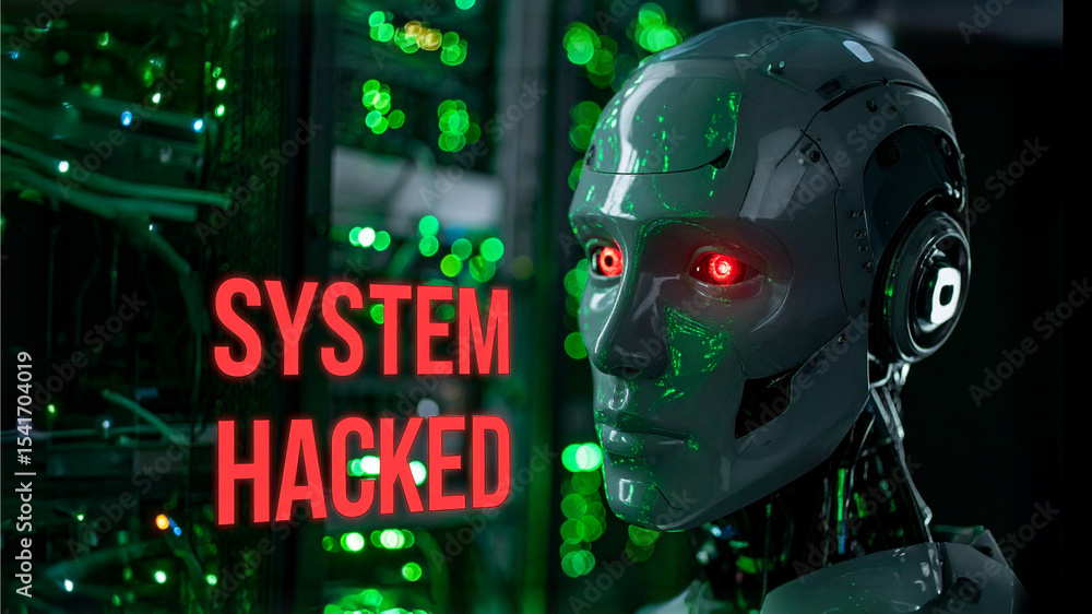 Poster a futuristic robot's face is illuminated with glowing red eyes, next to a screen displaying 