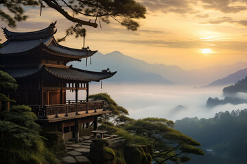 Fototapeta premium Asian-style wooden house on a hillside above the foggy countryside.