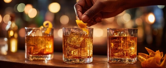 The elegant whiskey cocktails with orange garnish at a stylish bar setting.