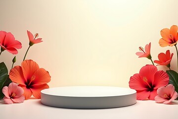 Matte gray podium with summer Hibiscus flowers in bloom, arranged in clean portrait layout, summer vibes background, summer vibes podium