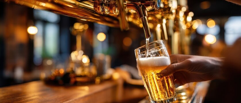 The bartender expertly pours a golden beer into a glass at the bar.