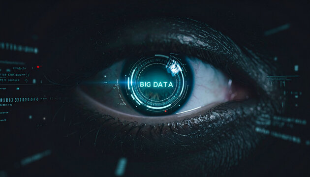 Intense close-up of an eye with digital "Big Data" overlay, symbolizing technology and information