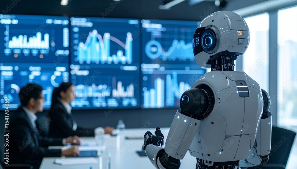 Poster the future of technology unfolds in a modern office setting, where a futuristic robot stands as a sy