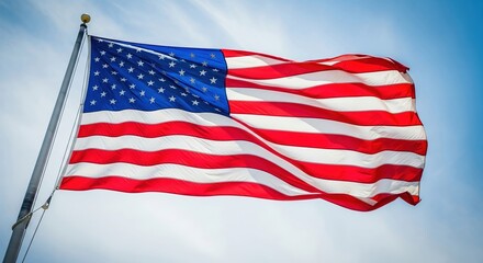 Obraz premium American flag waving in the clear sky.