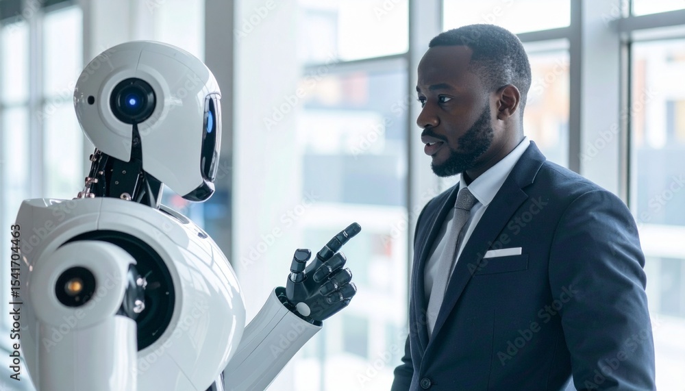 Poster an intelligent robot and a businessman having a conversation in a modern office setting. the robot a