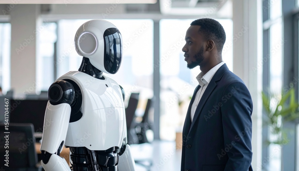 Poster a thoughtful conversation between an robot and a businessman in a modern office setting