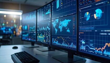 Multiple monitors displaying complex data visualizations and world map.  The scene is set in a modern, dark office environment