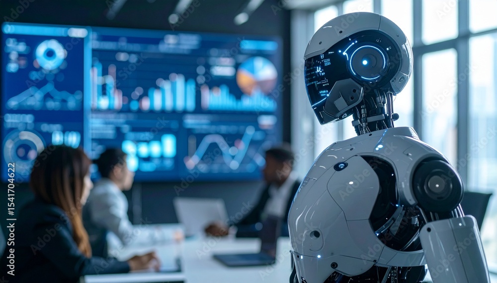 Aufkleber a futuristic robot observing a business meeting with digital charts. the robot's presence blends sea