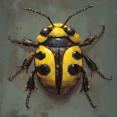 Detailed close-up of a yellow and black beetle
