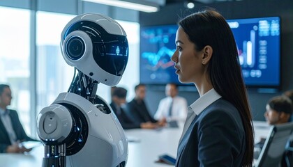 A professional woman interacting with a sleek robot in a modern office setting. The scene conveys the integration of advanced technology in the workplace