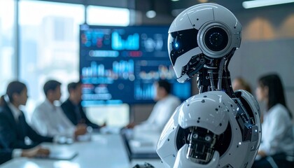 Fototapeta premium A futuristic robot stands in a modern office, observing a business meeting. The robot's sleek design contrasts with the blurred background of human colleagues in a conference room. 