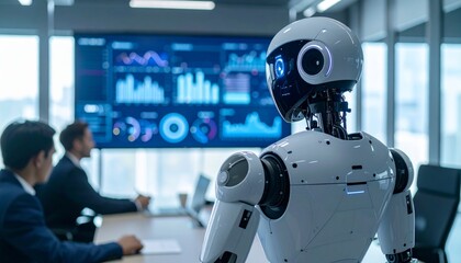 A futuristic robot observes a business meeting in a modern office, with charts on display