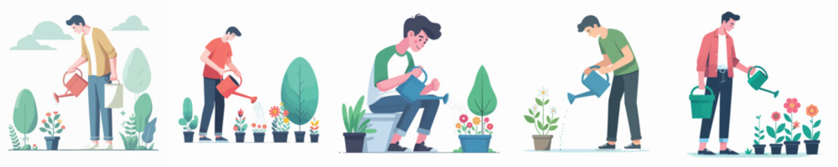 vector character watering flowers