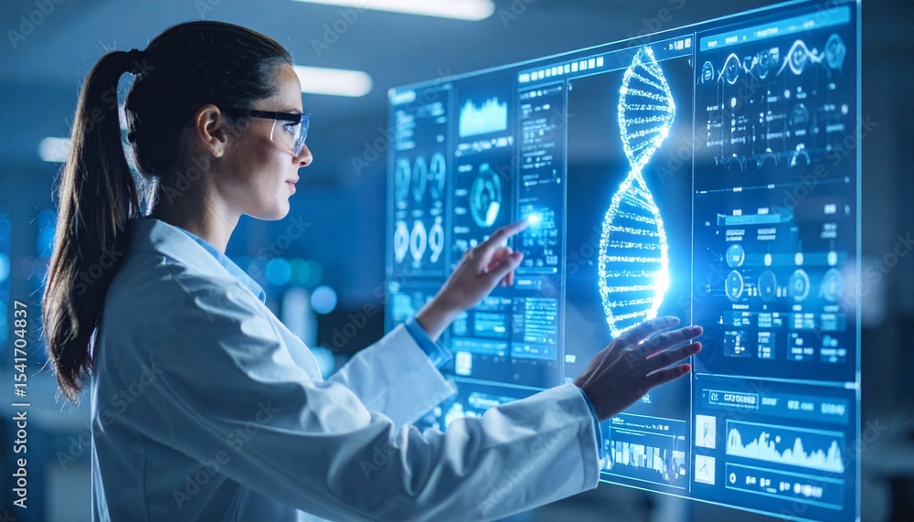 Poster a female scientist working in a high-tech laboratory with a digital display showing a dna strand