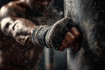 Boxer training intensely with a punching bag in a dimly lit gym during the evening workout session